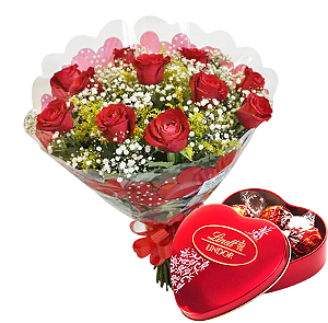 007 - Buquê com 12 rosas e coração Lindt