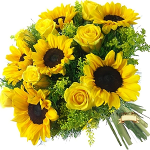 027 - Buquê de 8 rosas e 8 girassóis