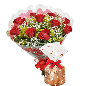 081 - Buquê 12 rosas e panetone