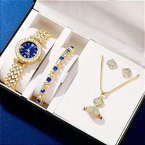 Relógio de pulso de quartzo strass, Conjunto de jóias, Azul, Anel, Colar,pulseira,brincos