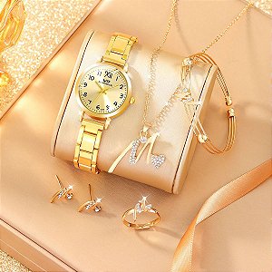 Relógio Quartz com pulseira de couro+ brincos strass +colar,brincos,anel