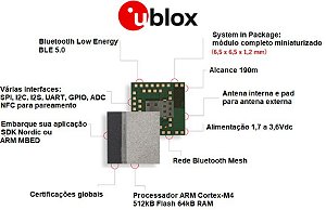 Módulo BLE (Bluetooth Low Energy) 6.5x6.5mm com antena integrada alcance estimado 160m e Mesh - ANNA-B112