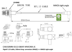 Pigtail conectores SMA(F) O-Ring <-> MMCX 90 graus, comprimento 150mm - CAB150MM-D113-SMAF-MMCXRA-JS