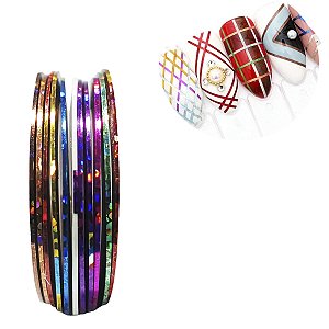 10 Fitas Fitilhos Adesiva Decoração Unha Nail Art Metalizado