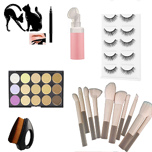 Kit Maquiagem Molde Delineado Pincel Corretivo Cílios Frasco