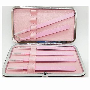 ESTOJO  C/  6 Pinças P/ EXTENSÃO CÍLIOS ROSA