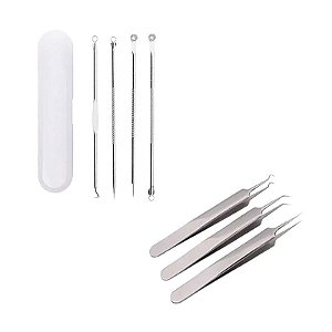 4 Curetas Remove Cravos Espinhas Aço Inoxidável + 3 Pinças