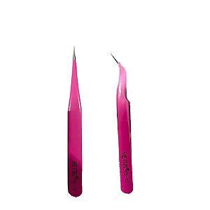 2 Pinças Aço Inoxidável Rosa Alongamento Cílios Curva E Reta