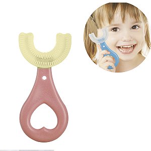 Escova Dental Infantil 360 Graus Anatômica Silicone Limpa Não Machuca Gengiva dentes limpos formato  em U