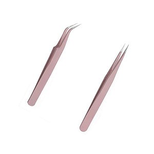Kit 2 Pinças Aço Inoxidável Rosa Alongamento Cílios