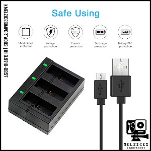 USB Carregador Triplo de Bateria GoPro 2018, 5, 6, 7 e 8 black