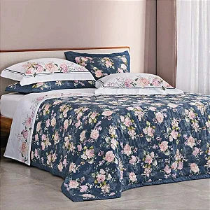 KIT COLCHA BUD B PERCALLE HORTENSIAS 220X240 CASAL 3 PÇS