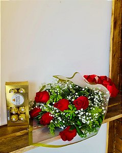 Buque de 6 Rosas Vermelhas com Caixa de Ferrero Rocher 8un