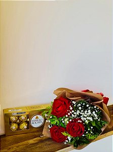 Buque de 3 Rosas Vermelhas com Caixa de Ferrero Rocher 8un