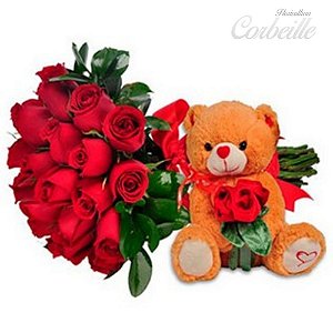 Buquê com 24 rosas vermelhas com Urso de Pelúcia