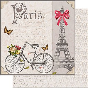 SD-0655 - SCRAP DUPLA FACE - TORRE EIFEL,BICICLETA E FLORES
