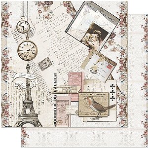 SD-0916 - SCRAP DUPLA FACE - CARTAS,SELOS,RELÓGIO,TORRE EIFFEL