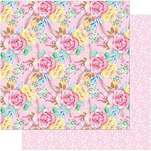 SD-0739 - SCRAP DUPLA FACE - FLORAL COR-DE-ROSA E PENAS