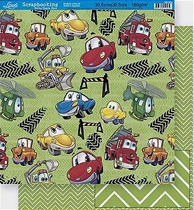 SD-0294 - SCRAP DUPLA FACE - CARROS/ CHEVRON VERDE E BRANCO