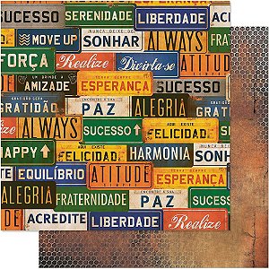 SD-0619 - PAPEL PARA SCRAPBOOK DUPLA FACE - PLACAS DE CARRO, FERRUGEM
