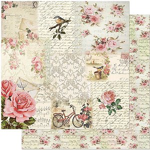 SD-0956 - PAPEL PARA SCRAPBOOK DUPLA FACE- ROSAS, PÁSSARO E BICICLETA