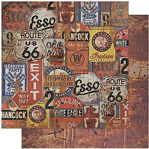 SD-1111 - SCRAP DUPLA FACE - RUSTICO, CARROS, PLACAS, ESSO, ROUTE 66,