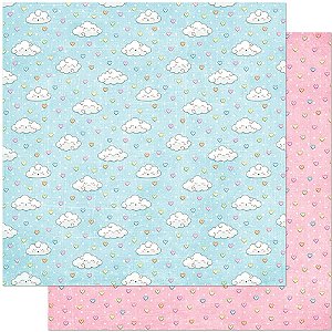 SD-0842 - PAPEL PARA SCRAPBOOK DUPLA FACE- NUVENS COM CHUVA DE CORAÇÃO