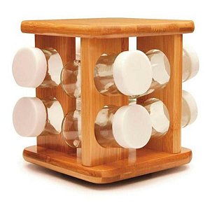 PORTA TEMPEROS COM SUPORTE GIRATÓRIO DE BAMBU 8 POTES