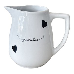LEITEIRA DE PORCELANA BRANCA CORAÇÃO PRETO GRATIDÃO 600 ML