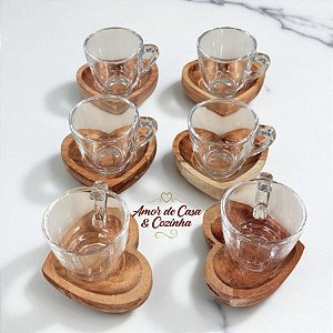 CONJUNTO 6 XÍCARAS PARA CAFÉ COM PIRES MADEIRA CORAÇÃO LIPTUS