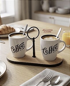 CONJUNTO 2 CANECAS PARA CAFÉ COM SUPORTE BAMBU MOLDURA DE METAL