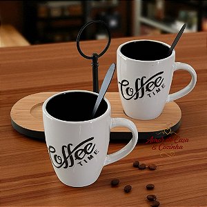 CONJUNTO 2 CANECAS PARA CAFÉ COM SUPORTE BAMBU MOLDURA DE METAL