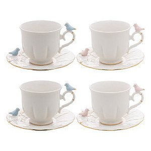 CONJUNTO COM 4 XICARAS PARA CHÁ PORCELANA BIRDS 200ml