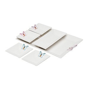 CONJUNTO 5 PETISQUEIRAS PORCELANA COM BANDEJA BORBOLETAS