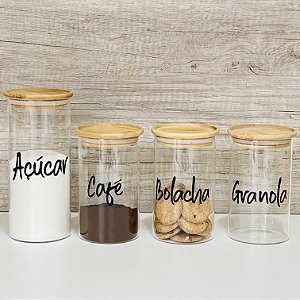 KIT POTES PERSONALIZADO COM TAMPA DE BAMBU 4 UN