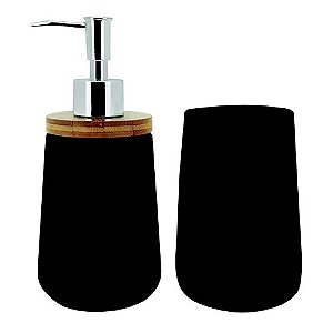 KIT DE BANHEIRO PRETO PORTA SABONETE PORTA ESCOVA DE CERÂMICA E BAMBU