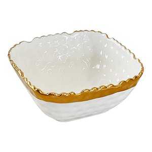 BOWL QUADRADO PORCELANA CRAQUELADA  BRANCO E DOURADO