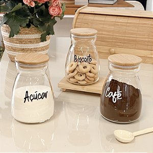 KIT 3 POTE PERSONALIZADO GLASS TAMPA DE BAMBU