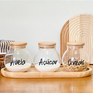 POTES PERSONALIZADOS COMBO COM BANDEJA E TAMPA DE BAMBU BOJUDO 4 PEÇAS