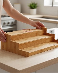 RACK ORGANIZADOR EXTENSÍVEL TRÊS NÍVEIS DE BAMBU 22x22x8,5