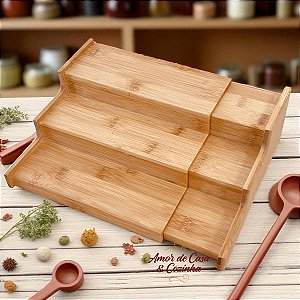 RACK ORGANIZADOR EXTENSÍVEL TRÊS NÍVEIS DE BAMBU 22x22x8,5