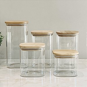 POTES HERMÉTICOS VIDRO E BAMBU FLAT COMBO 5 UNIDADES