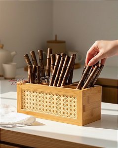 CAIXA ORGANIZADORA DE BAMBU E PALHINHA 6 NICHOS