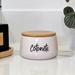 POTE DE CERÂMICA ROSA COM TAMPA DE BAMBU COTONETE