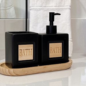 KIT DE BANHEIRO PRETO COM BANDEJA DE BAMBU