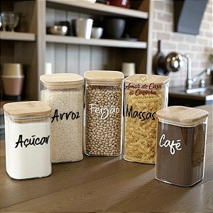 POTES PERSONALIZADOS VIDRO E BAMBU FLAT COMBO 5 UNIDADES