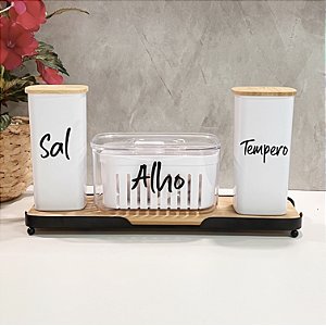 KIT PORTA  ALHO SAL E  PIMENTA COM TAMPA  DE BAMBU