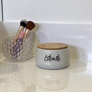 POTE DE CERÂMICA VERDE COM TAMPA DE BAMBU COTONETE