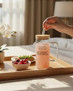 CANECA VIDRO PERSONALIZADA TAMPA DE BAMBU E CANUDO 400ML