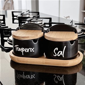 KIT SALEIROS COM BANDEJA E TAMPA BAMBU HATTAN PRETO 290ML
